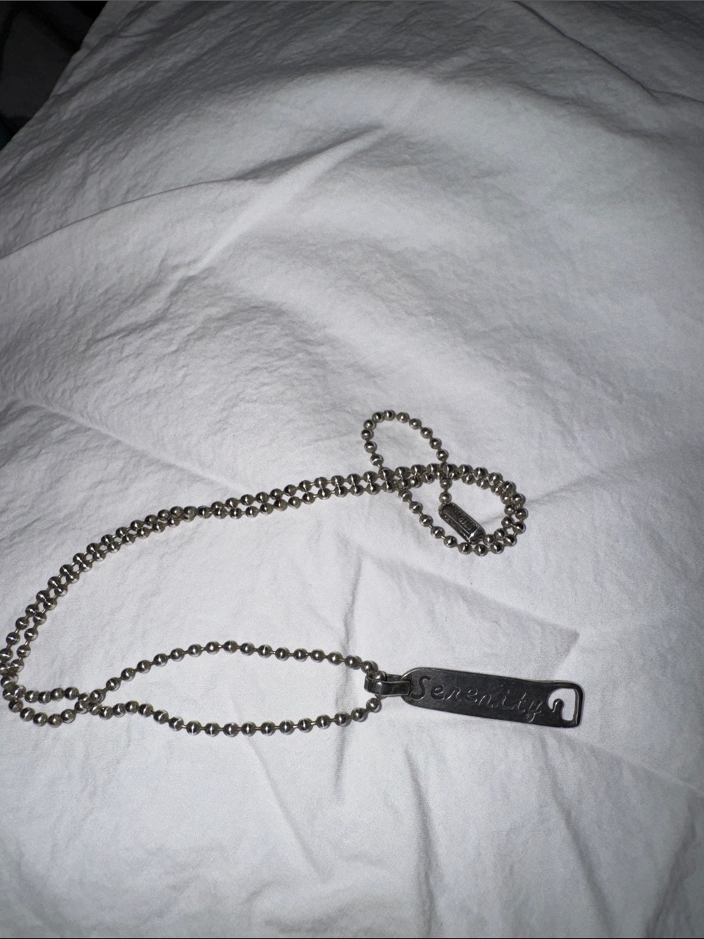 “Serenity” Engraved Stainless Steel Necklace - Silver 18” ball chain /1” charm
